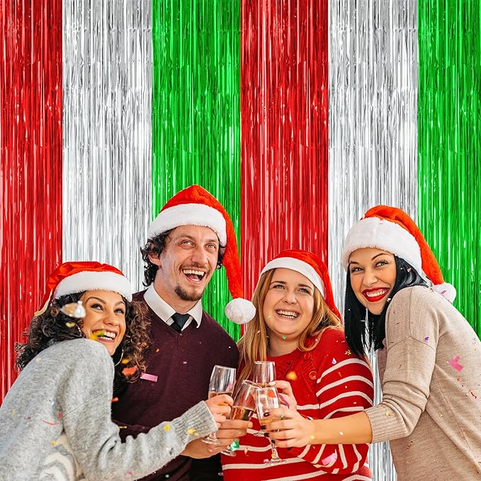 2 Pack Christmas Backdrop, 3.28 FT x 7.05 FT Red Silver Green Party Streamer, Metallic Xmas Backdrop Fringe Curtains Foil Tinsel, Christmas Decorations Wall Decor Photo Booth Props