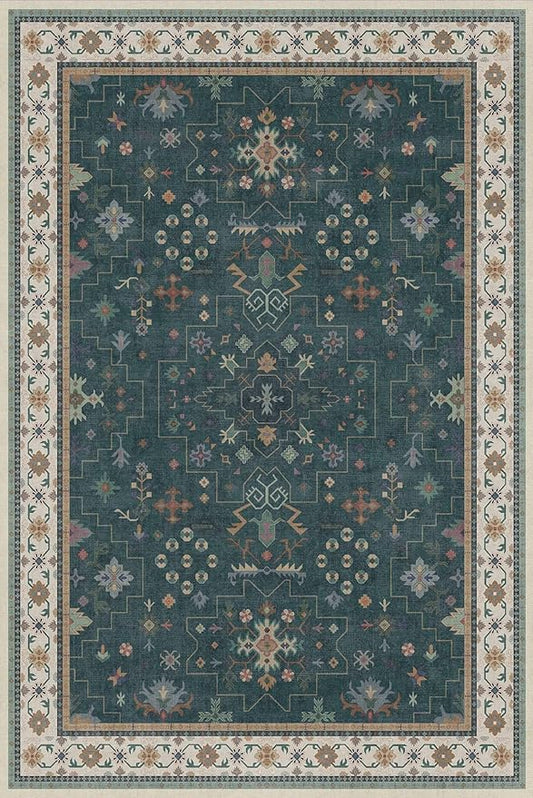Vintage Dark Green 6x9 Dining Room Rugs for Under Kitchen Table - Washable Livinig Room Rug - Unique Floral Pastel Low Pile Non-Slip Large Area Rugs for Bedroom