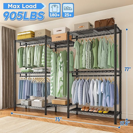 Raybee Clothes Rack Heavy Duty,Clothing Racks for Hanging Clothes with 5 Adjustable Hanging Rods, Metal Garment Rack for Bedroom, Laundry Room, Apartment,Gloss Black