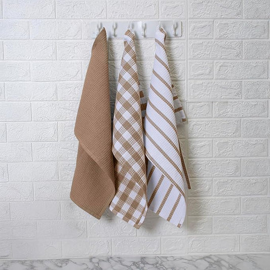 Blue Needles Waffle Weave Kitchen Towels, 15x25 Inches 100% Cotton Set of 6 Dish Cloths for Kitchen, Ultra Soft & Absorbent with Hanging Loop, Dish Rags for Quick Drying, Assorted - Beige