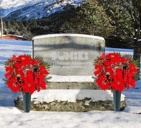 Christmas Cemetery Flowers for Grave Decoration, Christmas Red Poinsettias Berry Bouquet with Cemetery Ground Vase,2 Butterflies Including