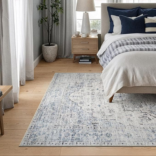 Bloom Rugs Caria Washable Non-Slip 5x7 Rug - Ivory/Blue/Gray Traditional Area Rug for Living Room, Bedroom, Dining Room, and Kitchen - Exact Size: 5' x 7'