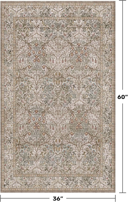 Vintage Moss Green Entryway Rug, 3x5 Washable Area Rugs for Kitchen, Bathroom, Bedroom, Boho Oriental Low Pile Stain Resistant Non-Slip Small Throw Rug