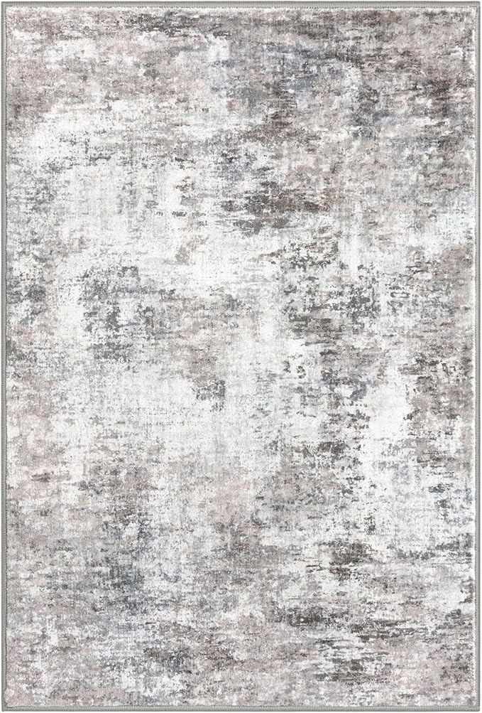 Modern Abstract 4x6 Living Room Washable Rug Non-Slip Soft Bedroom Area Rug Beige Grey Neutral Thin Print Faux Wool Floor Carpet Throw Rugs for Nursery Playroom Dining Room Indoor Office