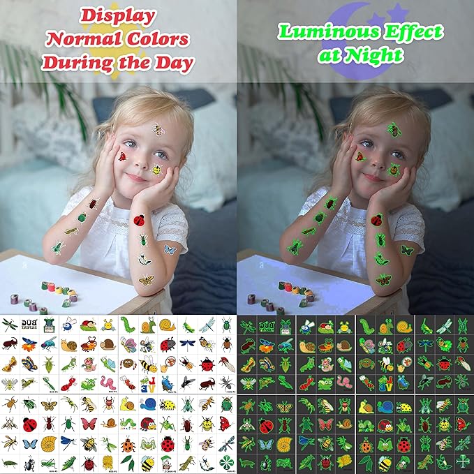 96PCS Glow in The Dark Bug Temporary Tattoos for Kids โ Luminous Bug Stickers for Boys Girls Birthday Party Favors, Halloween Decorations, School Rewards, Bug-Themed Gifts (Luminous)