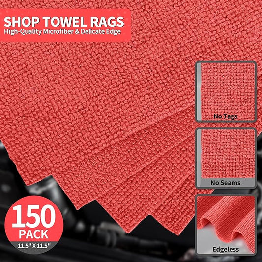 HOMERHYME Microfiber Cleaning Cloth, 150 Pack Cleaning Rags Microfiber Towel Bulk Absorbent Lint-Free WashCloths, All-Purpose Towels for Cars, Shop, Automotive, Garage, Home Kitchen 11.5"*11.5", Red