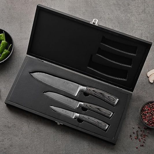 Wakoli EDIS Damascus 3-Piece Knife Set – Japanese Style Kitchen Knives | Genuine Damascus Steel Blades with VG10 Core | Ergonomic Pakkawood Handles | Professional Chef Knife Set in Wooden Gift Box