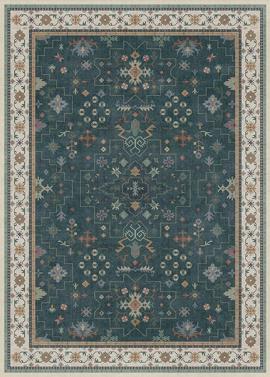 Dark Green Oushak Living Room Rug 10x14 - Modern Vintage Boho Eclectic Floral Pastel, Washable Low Pile Non-Slip Extra Large Area Rugs for Dining Under Table Bedroom Lounge