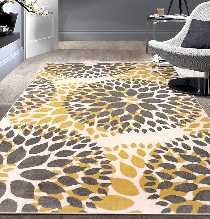 Rugshop Modern Yellow Floral Circles Design Area Rug – Elegant Non-Shedding, 5'x7' for Living Room, Bedroom, Dining Room, Kitchen