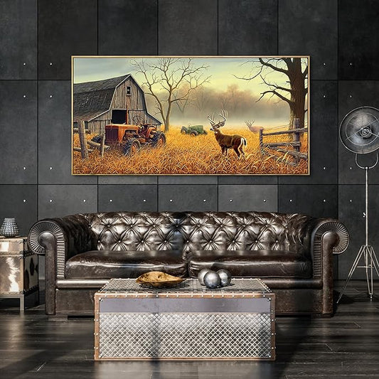 XLSJERST Large Deer Wall Art for Living Room Canvas Prints Decor Decoration Country Tractor Rustic Wildlife Cabin Hunting Picture Glass Surface Artwork Ready to Hang for Bedroom Home Office 24x48