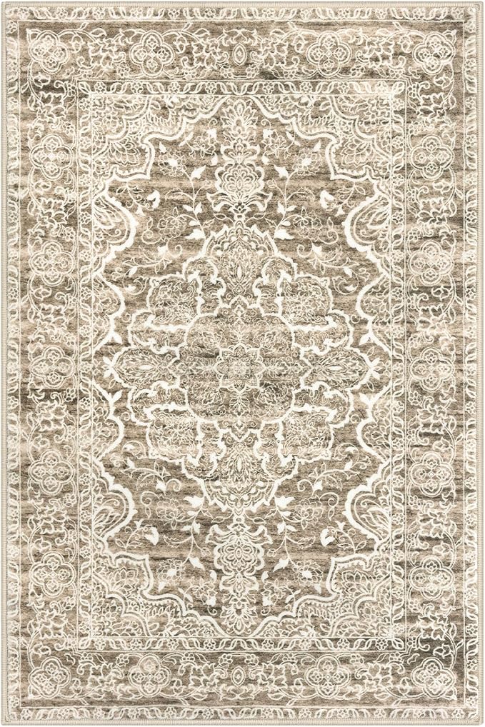 KUTA Vintage Floral Rug 3x5, Area Rugs for Living Room Beige Brown Washable Kitchen Carpet Non-Slip, Ultra Soft Printed Distressed Vintage Entry Low-Pile Throw for Living Room Dorm Décor