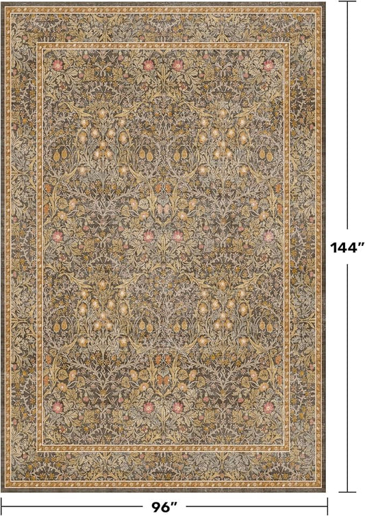 Large 8x12 Boho Living Room Rug - Gold Brown Geometric Floral Area Rug for Dining Room Under Table, Bedroom Under Bed, Low Pile & Soft - Vintage Design & Stain Resistance Carpet