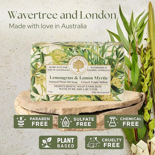 Wavertree & London Lemongrass & Lemon Myrtle Scented Natural Soap Bar, 7oz Moisturizing French Triple Milled Soap Bar for Women & Men Enriched with Organic Shea Butter, Pure Bath & Body Soap (1 Bar)