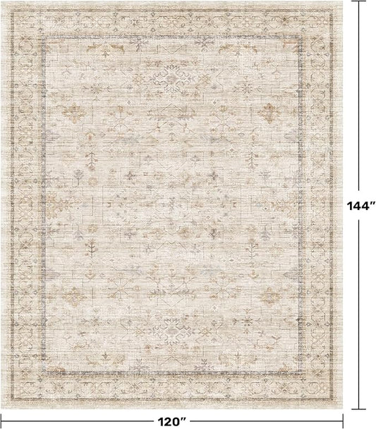 Beige Cream 10x12 Large Living Room Area Rug, Soft Neutral Carpet for Bedroom, Dining Room Under Table, Geometric Floral Contemporary Home Décor, Modern Non Slip Stain Resistant Floor Carpet