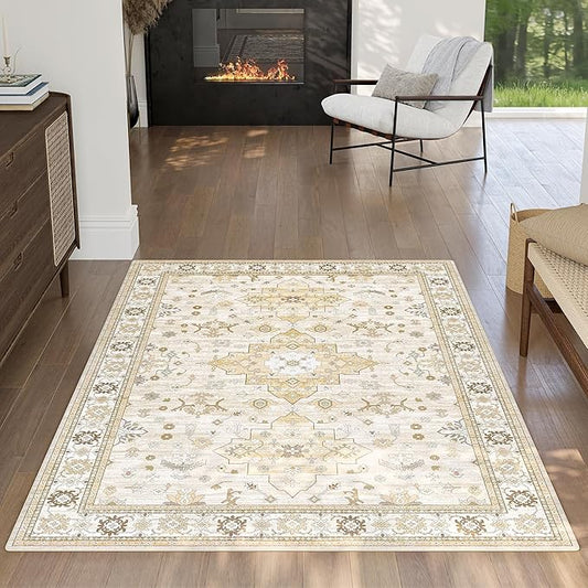 3x5 Area Rug for Entryway, Small Beige Boho Washable Rug, Soft Modern Low Pile Indoor Doormat, Carpet for Bedroom Bedside Living Room Bathroom Playroom Kitchen Dining Room Laundry, Beige/Gold