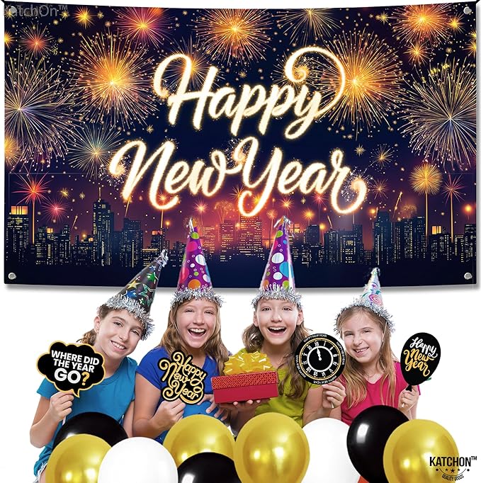 KatchOn, XtraLarge Happy New Year Banner - 72x44 Inch | Neon New Year Backdrop 2026 | Neon New Years Decorations 2026 | NYE Eve Banner For NYE Decorations 2026 | New Years Eve Party Supplies 2026