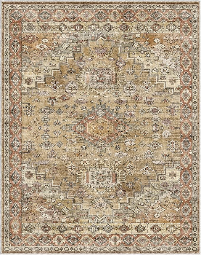 GENIMO Machine Washable 8x10 Area Rugs for Living Room, Non Slip Vintage Rugs, Low Pile Lightweight Chenille Print Rug for Bedroom, Dining Room, Home Office, Taupe Mocha