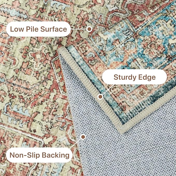 GENIMO Machine Washable 8x10 Area Rugs for Living Room, Non Slip Vintage Rugs, Low Pile Lightweight Chenille Print Rug for Bedroom, Dining Room, Home Office, Red Multi