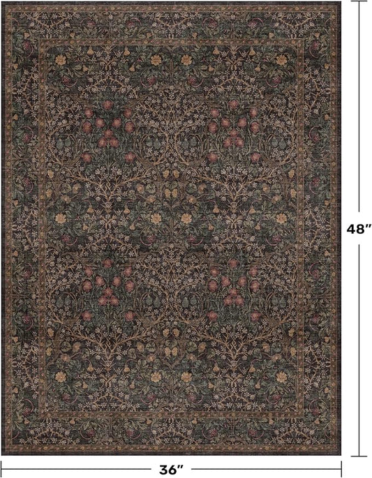 Vintage Dark Brown 3x4 Entryway Rug, Washable Small Area Rugs for Entryway, Kitchen, Bathroom, Door Mat, Indoor Entrance, Oriental Floral Low Pile Stain Resistant Non-Slip Large Rug