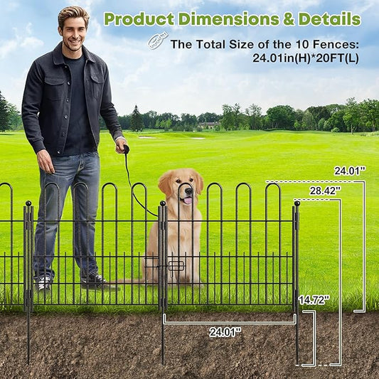 10 Panels Garden Fence with Latch Gate, 24.01in (H) X 20ft(L) Animal Barrier Fence with 1in Gaps for Rabits, Dog Fencing Outdoor for Yard, Flower Beds, Patios, Vegetable Patches