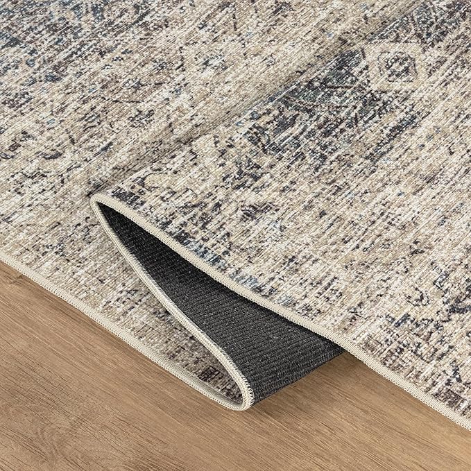 Bloom Rugs Caria Washable Non-Slip 4x6 Rug - Beige Brown/Teal Traditional Area Rug for Living Room, Bedroom, Dining Room, and Kitchen - Exact Size: 4' x 6'