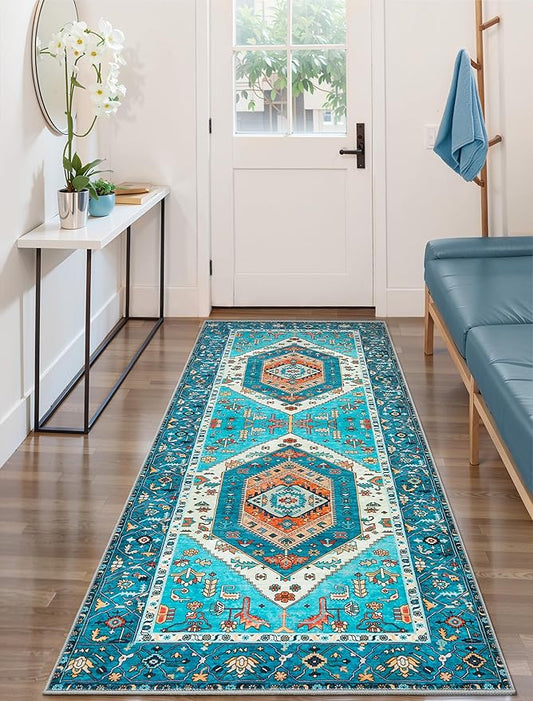 SERISSA Boho Washable Runner Rug, 2x6 Rug Runner Non-Slip Vintage Blue Hallway Kitchen Runner Rug Ultra Soft Print Distressed Tribal Floor Carpet Runner for Bedroom Bathroom Laundry Living Room