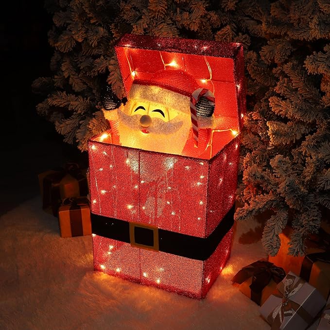Light Up Electric Santa Claus Decor with 100 LED Lights, 3D Pre-Lit Animated Santa Claus for Xmas Decoration, 14.17" L x 10" W x 26.97" H Freestanding Glittered Display for Outdoor, Indoor