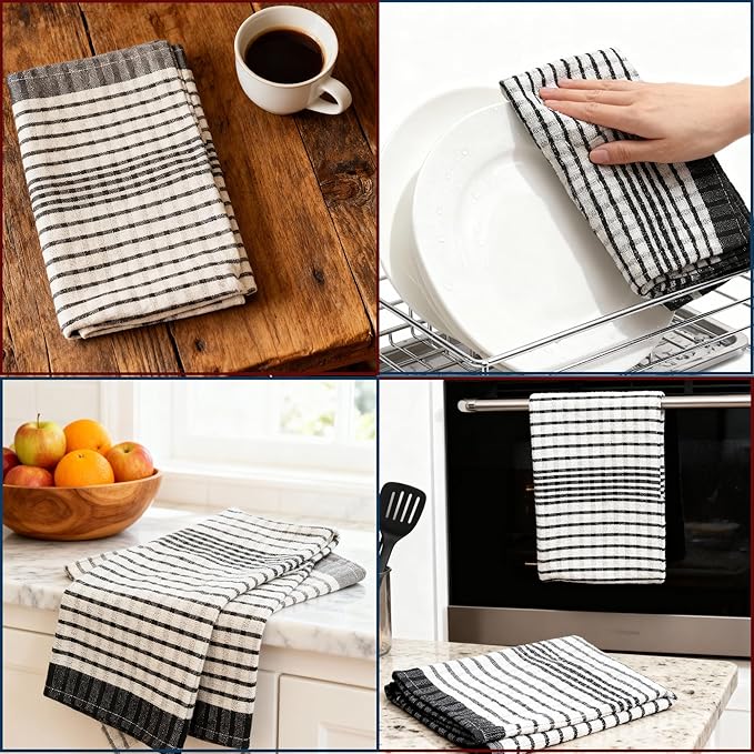 6 Pack Cotton Kitchen Towels – 29.5 x 19.5 Inches Grey & White Checkered Tea Towels, Absorbent Dish Cloths & Kitchen Drying Towels, Quick-Dry Hand Towels with Hanging Loop, Durable, Woven Design