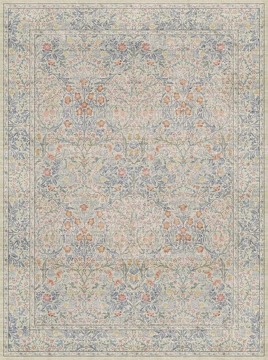 Large 3x4 Entryway Rug Indoor - Washable Non-Slip Low Pile Stain Resistance Ultra Thin Area Rug for Large Kitchen, Bedroom Beside Bed - Vintage Floral Botanical Beige Blue Decor