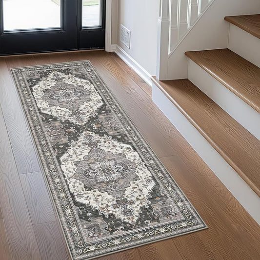 GENIMO 2X6 Hallway Runner Rug, Machine Washable Non Slip Vintage Floral Patchwork Runners, Thin Low Pile Chenille Carpet Runners for Entryway, Kitchen, Bathroom, Bedroom, Slate Gray