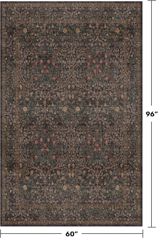 Taupe Brown 5x8 Rug for Living Room - Vintage Traditional Dark Neutral Floral, Washable Foldable Non-Slip Area Rugs for Dining Under Table, Home Office, Guest Room