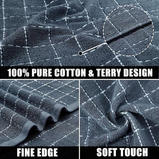 Mordimy 100% Cotton Terry Cloth Kitchen Towels, Super Soft and Absorbent Dish Towels for Drying, Checkered Designed Hand Towels for Kitchen, 16 x 26 Inches, 6 Pack, Grey