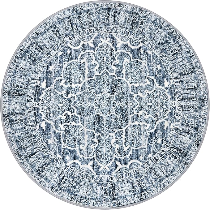 KUTA Vintage Round Rug 3ft, Washable Boho Indoor Circle Small Area Rugs, Blue White Non-Slip Printed Medallion Carpet for Entryway Kitchen Dining Room Table Living Room