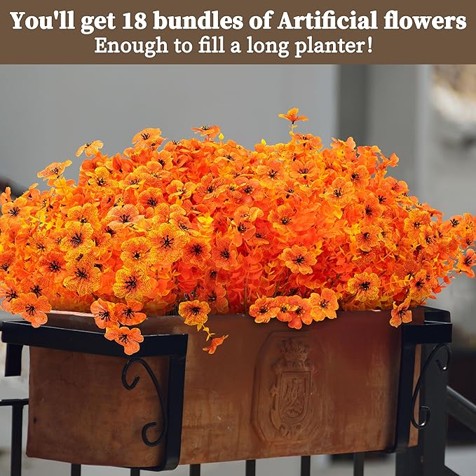 18 Bundles Artificial Mums for Outdoors/Indoors Faux Mums for Outdoor Planters, Eucalyptus Leaves Fall Flowers Artificial for Decoration Boxwood Garden Porch Window Home Wedding(Orange)