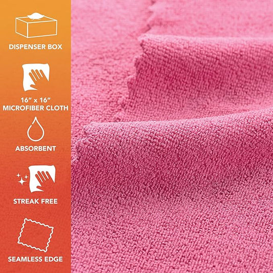 Arkwright Smart Rags in Box - (Pack of 50) Lint Free, Large Microfiber Cleaning Cloth, Scratch & Streak-Free, Dispensable Wash Towels for Cars, Kitchen, and Window Glass, Pink
