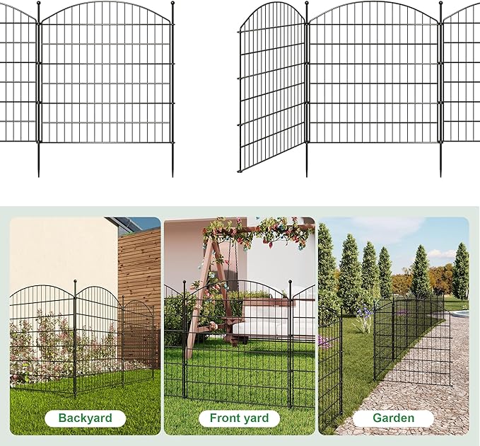 32 in(H) x24 Ft(L) No Dig Heavy Duty Metal Fence - 10 Panels Thick Rust-Resistant Decorative Fence Posts for Yard Security, Garden, Lawn, Farm and Poultry (Black)