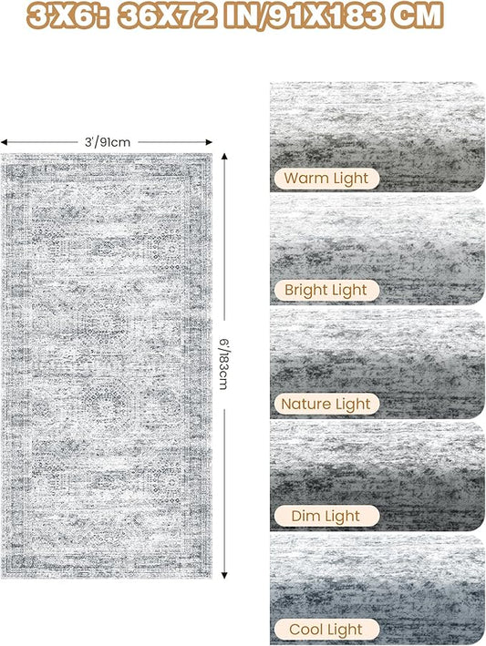 3x6 Runner Rug Non Slip, Thin Entryway Washable Rug for Entryway, Runners for Hallways, Low Pile Vintage Abstract Soft Rugs for Living Room, Kitchen, Bedroom (3'x6', Grey/Ivory)