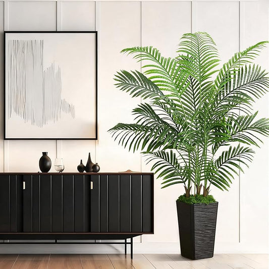Artificial Palm Tree Artificial Silk Plant Fake Tree with White Tall Planter Faux Tropical Areca Floor Plant in Pot (1, Black Tall Planter, 5 FT)