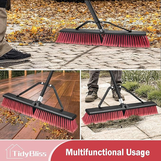 24” Push Broom Outdoor Heavy Duty, Large Commercial Stiff Bristle Brush with 63 inches Long Handle for Garage Shop Garden Yard Patio Deck Street Warehouse Lawn Driveway (Red)