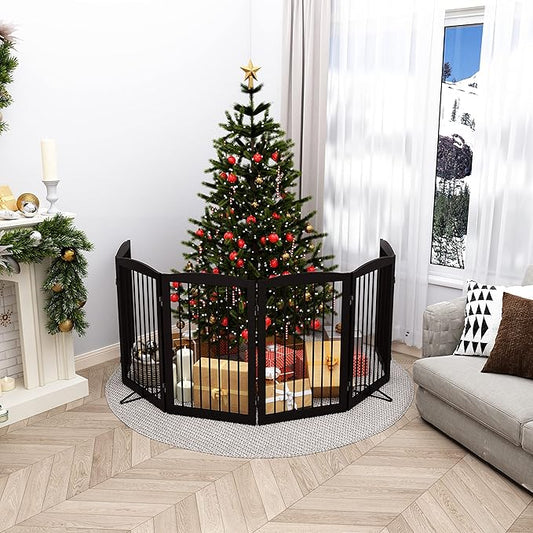 Freestanding Pet Gate for Dogs, Indoor Wooden Foldable Dog Gate for House, Extra Wide, Pet Fence for Stairs, Doorways, Halls, Support Feet Included, 120 Inch Wide, 6 Panels 32",Brown