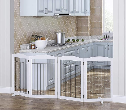 Spirich Free Standing Foldable Wire Pet Gate for Dogs, 80 inches Extra Wide, 30 inches Tall 4 Panels Dog Gate for the House, Doorway, Stairs, Pet Puppy Safety Fence,Set of Support Feet Included, White