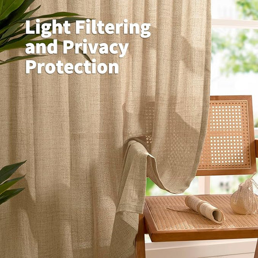 YoungsTex Burlap Linen Semi Sheer Curtains 84 Inch Length for Living Room, Toffee Light Filtering Window Treatments Natural Rustic for Farmhouse Bedroom, 2 Panels, 40 X 84 Inch