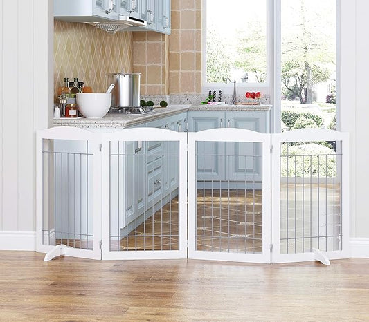 Spirich Free Standing Foldable Wire Pet Gate for Dogs, 80 Inches Extra Wide, 30 Inches Tall 4 Panels Dog Gate for The House, Doorway, Stairs, Pet Puppy Safety Fence, Sliver White