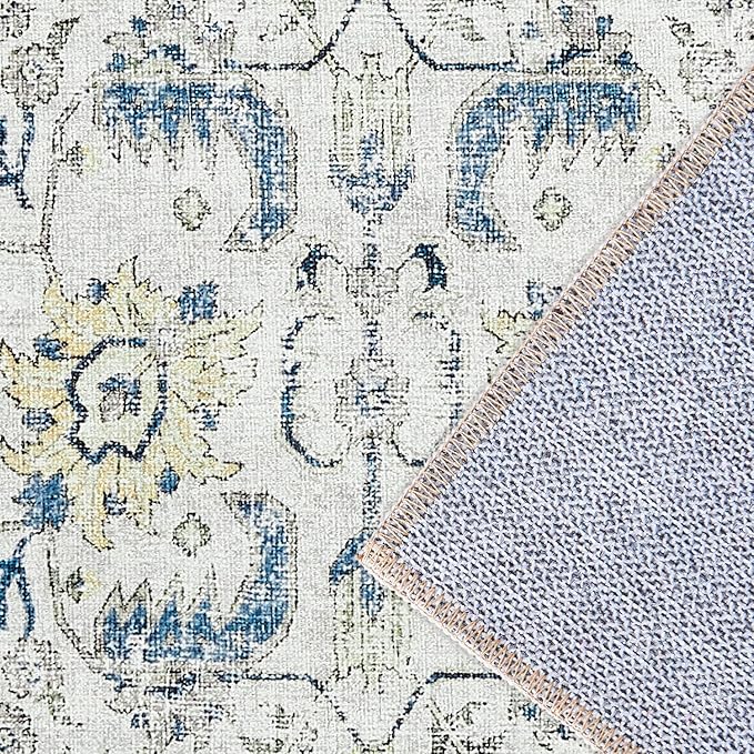 jinchan Runner Rug 2x7 Washable Hallway Rug Vintage Indoor Thin Retro Floor Cover Distressed Floral Country Lightweight Non Slip Carpet for Entryway Bathroom Kitchen Bedroom Living Room Stairway Blue