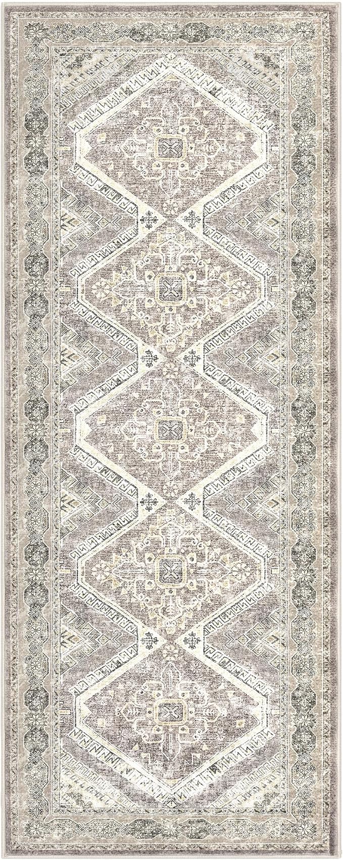 KUTA Oriental Washable Runner Rug, 2x5 Runners Non-Slip Vintage Ivory Grey Yellow Brown 5ft Hallway Kitchen Rugs Ultra Soft Printed Distressed Tribal Farmhouse Carpet for Bedroom Entryway Decor