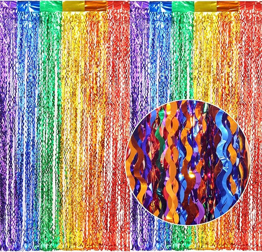 3 Pack Rainbow Foil Curtains - 3.3x6.6ft Metallic Streamers Tinsel Curtains Background for Photo Booth Birthday Weddings Carnivals Graduation