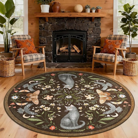GarveeHome Round Area Rugs 5ft for Bedroom, Cat Brown Washable Circle Rug Soft Non Slip Mushroom Floral Floor Mat Carpet Indoor Thin Rug for Bedroom Dining Room Playroom Nursery Gothic Decor