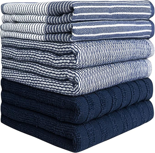 Premium Kitchen Towels (20”x 28”, 6 Pack) | Large Cotton Dish Towels | Flat & Terry Highly Absorbent Kitchen Linen Set with Hanging Loop | Navy Blue