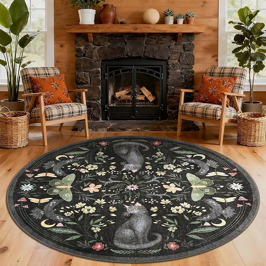 GarveeHome Round Area Rugs 5ft for Bedroom, Cat Black Washable Circle Rug Soft Non Slip Mushroom Floral Floor Mat Carpet Indoor Thin Rug for Bedroom Dining Room Playroom Nursery Gothic Decor
