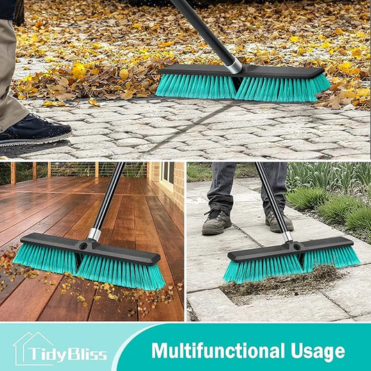 18” Push Broom Outdoor Heavy Duty, Large Commercial Stiff Bristle Brush with 63 inches Long Handle for Garage Shop Garden Yard Patio Deck Street Warehouse Lawn Driveway (Green)